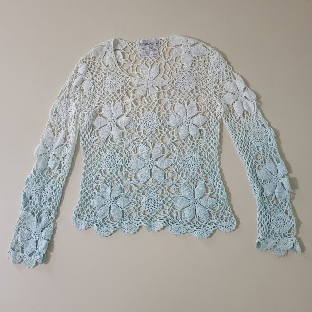 Chadwick's Floral Crochet Lace Pullover Top White Ombre Aqua